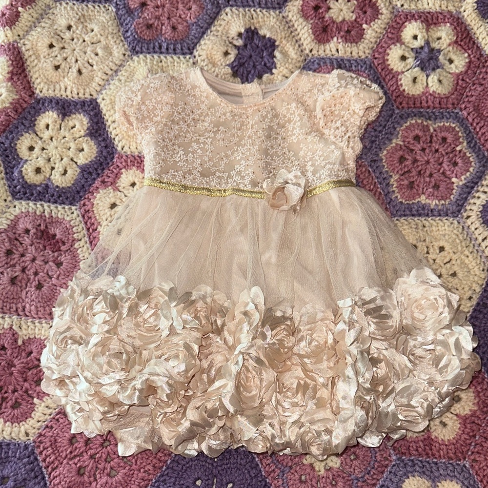 🎉Nannette Blush Lace & Gold-Thread Baby Dress. E309